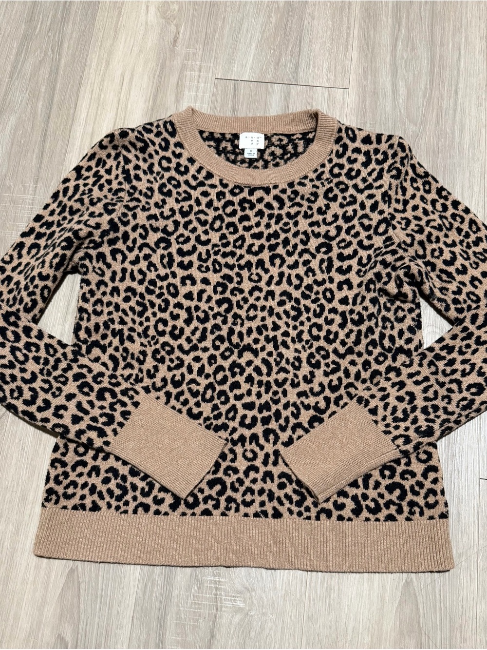 A New Day Leopard Print Sweater Size S Tan Black Crewneck Animal Print